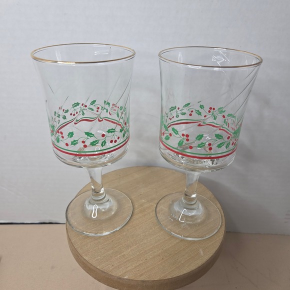 Libbey Other - Libbey's Holiday Wine Glasses with Holly Berry and Gold Trim, Set of 2